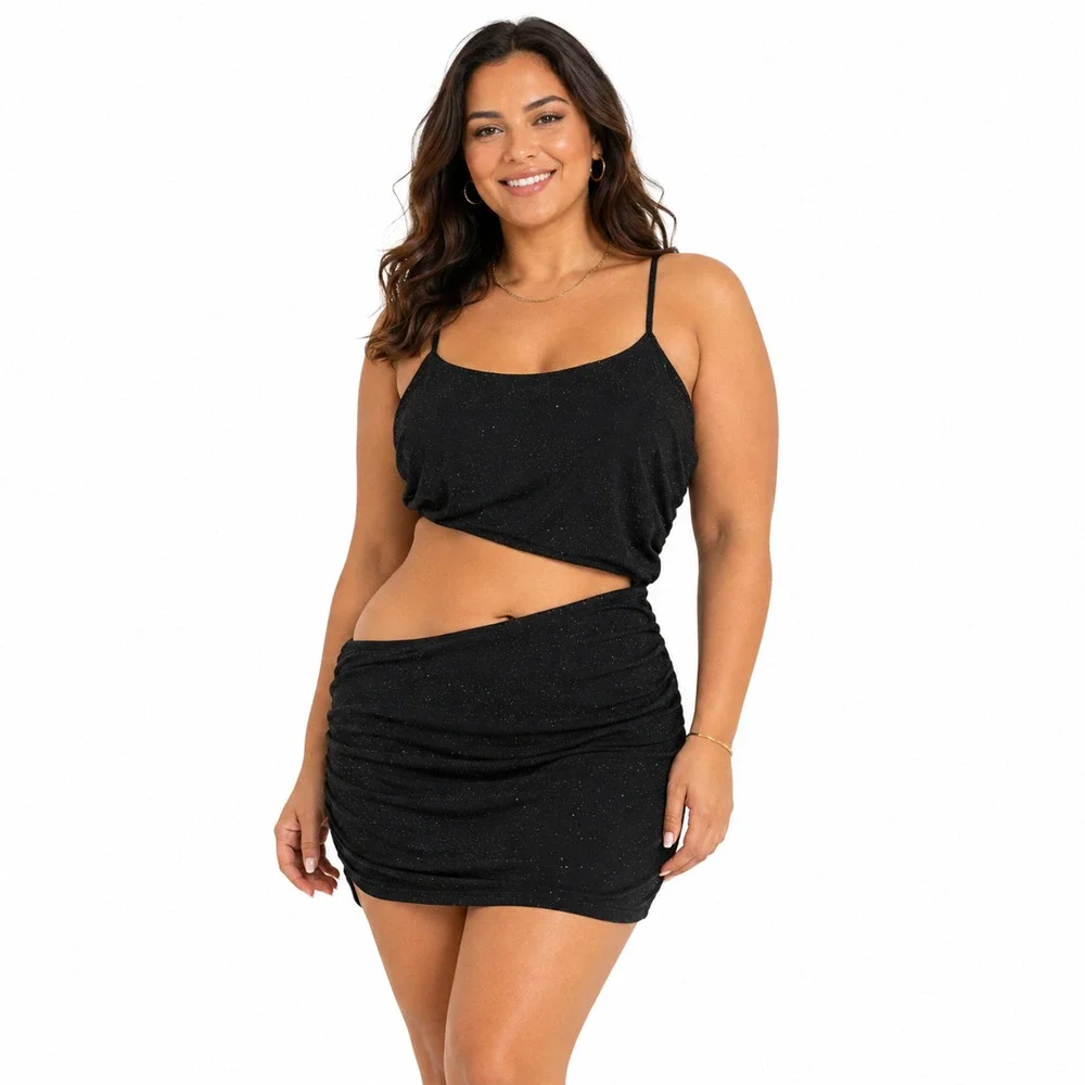 BP Little Black Dress Bodycon Mini Slip Dress Cut Out Waist Stretch Glitter sz L